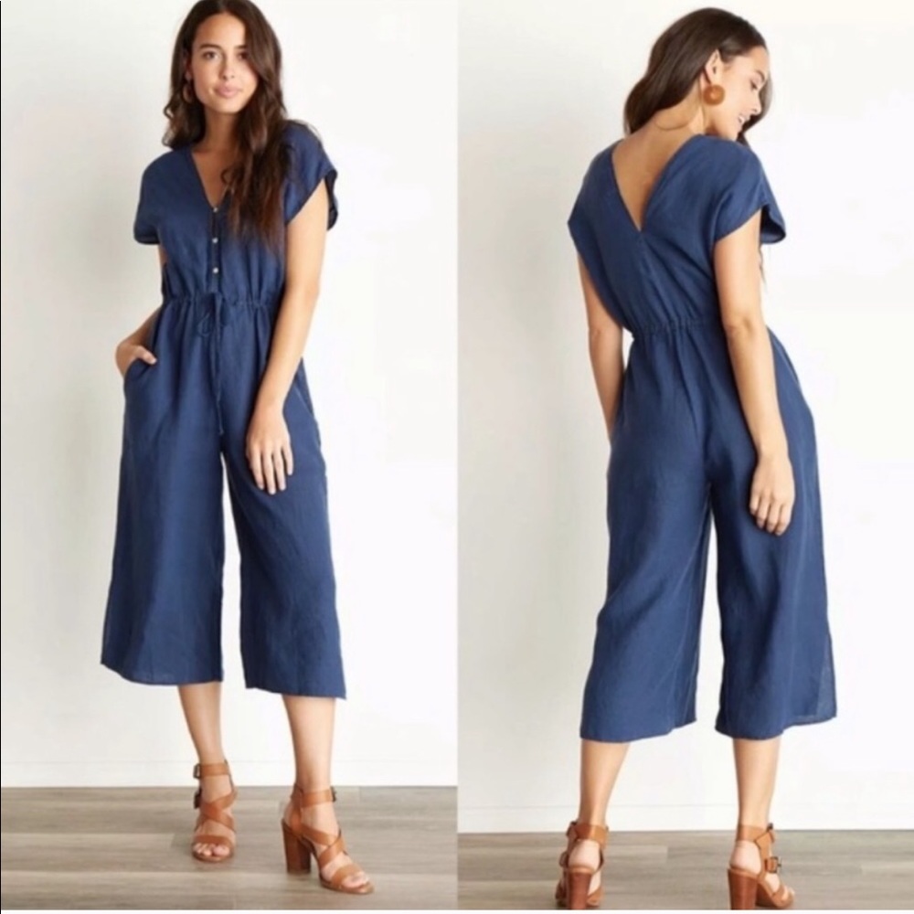 NWOT Cloth & Stone Navy Cropped Linen Jumpsuit XS